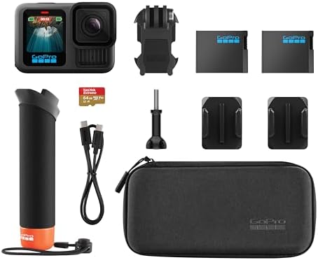 GoPro HERO13 Black Accessory Bundle   Includes The Handler  2 Enduro Batteries  2 Curved Adhesive Mounts  64GB SanDisk MicroSD Card  and Carrying Case