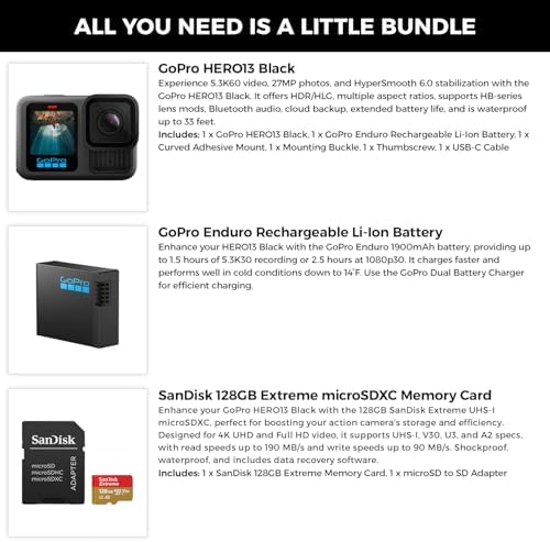 GoPro HERO13 Black Waterproof Action Camera   27MP  5 3K60 Ultra HD Video  Supports HB Series Lenses with Extra Enduro 1900mAh Li Ion Battery & 128GB Extreme microSDXC Memory Card Bundle Set