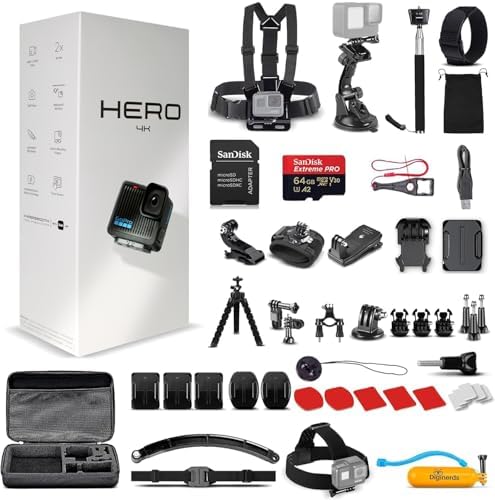 GoPro Hero  Go Pro Hero  Black Compact   Waterproof Action Camera with 4K Ultra HD Video  12MP Photos  Stabilization   50 in 1 Accessory Kit   64GB Card   More