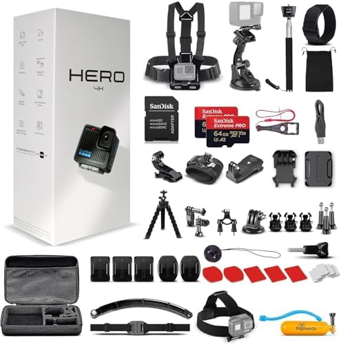 GoPro Hero  Go Pro Hero  Black Compact   Waterproof Action Camera with 4K Ultra HD Video  12MP Photos  Stabilization   50 in 1 Accessory Kit   64GB Card   More