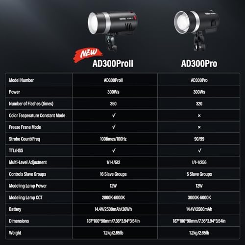 Godox AD300Pro II 2026 Godox 300Ws Outdoor Flash   2 4G Wireless TTL & HSS 1/8000s Strobe 16 Color Group Indicator Lights   0 01s Recycle  350 Flashes   12W Bi Color Modeling Lamp Portable Monolight