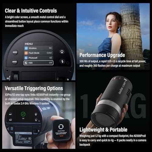 Godox AD300Pro II 2026 Godox 300Ws Outdoor Flash   2 4G Wireless TTL & HSS 1/8000s Strobe 16 Color Group Indicator Lights   0 01s Recycle  350 Flashes   12W Bi Color Modeling Lamp Portable Monolight
