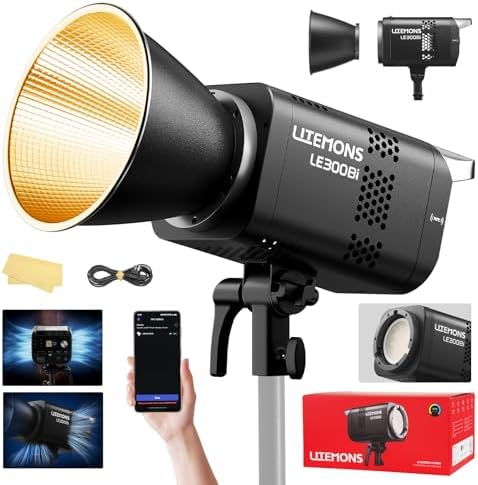Godox Litemons LE300Bi COB Led Video Light  Godox Bowens Mount 315W Bi Color Continuous Output Light with DMX/Bluetooth APP Control  NFC Connection  2800K 6500K  58900Lux 1m  CRI/TLCI98  11 Fx Effects