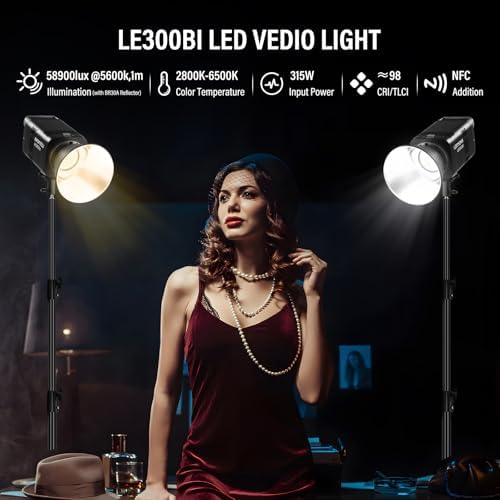 Godox Litemons LE300Bi COB Led Video Light  Godox Bowens Mount 315W Bi Color Continuous Output Light with DMX/Bluetooth APP Control  NFC Connection  2800K 6500K  58900Lux 1m  CRI/TLCI98  11 Fx Effects