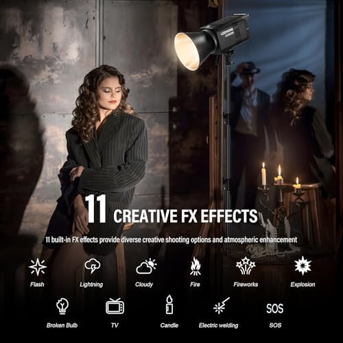 Godox Litemons LE300Bi COB Led Video Light  Godox Bowens Mount 315W Bi Color Continuous Output Light with DMX/Bluetooth APP Control  NFC Connection  2800K 6500K  58900Lux 1m  CRI/TLCI98  11 Fx Effects