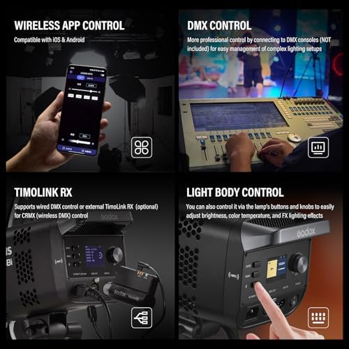 Godox Litemons LE300Bi COB Led Video Light  Godox Bowens Mount 315W Bi Color Continuous Output Light with DMX/Bluetooth APP Control  NFC Connection  2800K 6500K  58900Lux 1m  CRI/TLCI98  11 Fx Effects