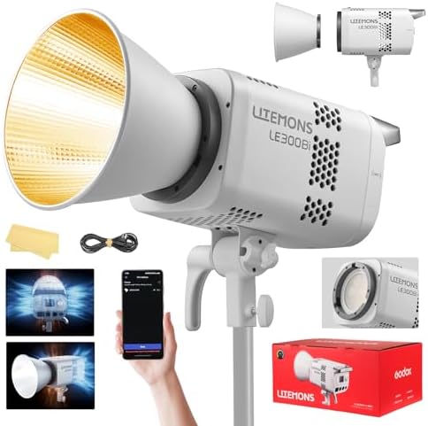 Godox Litemons LE300Bi COB Led Video Light  Godox Bowens Mount 315W Bi Color Continuous Output Light with DMX/Bluetooth APP Control  NFC Connection  2800K 6500K  58900Lux 1m  CRI/TLCI98  11 Fx Effects