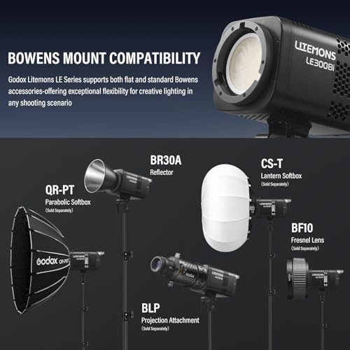 Godox Litemons LE300Bi COB Led Video Light  Godox Bowens Mount 315W Bi Color Continuous Output Light with DMX/Bluetooth APP Control  NFC Connection  2800K 6500K  58900Lux 1m  CRI/TLCI98  11 Fx Effects