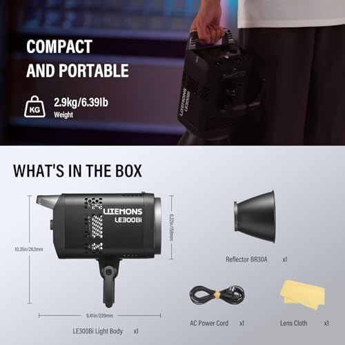 Godox Litemons LE300Bi COB Led Video Light  Godox Bowens Mount 315W Bi Color Continuous Output Light with DMX/Bluetooth APP Control  NFC Connection  2800K 6500K  58900Lux 1m  CRI/TLCI98  11 Fx Effects