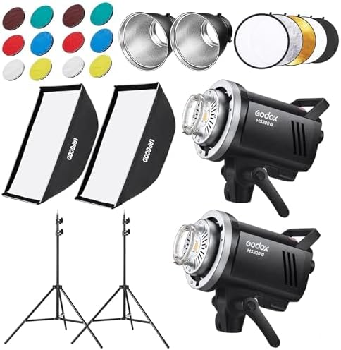 Godox MS300V Studio Flash Kit  2X 300W  with 2 Softboxes  2 Light Stands  2 Reflectors  LED Modeling Lamps  2 4G Wireless X System  Bowens Mount   Ideal for Studio  Portrait & Fashion Photography