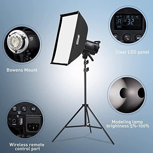 Godox MS300V Studio Flash Kit  2X 300W  with 2 Softboxes  2 Light Stands  2 Reflectors  LED Modeling Lamps  2 4G Wireless X System  Bowens Mount   Ideal for Studio  Portrait & Fashion Photography