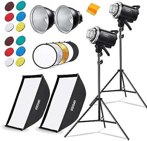 Godox MS300V Studio Flash Kit  2X 300W  with 2 Softboxes  2 Light Stands  2 Reflectors  LED Modeling Lamps  2 4G Wireless X System  Bowens Mount   Ideal for Studio  Portrait & Fashion Photography