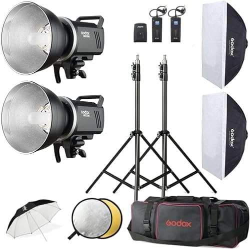 Godox MS300V Studio Strobe Light Kit for Photography  600W Flash Softbox Lighting with 2 4G X System APP Controlled Monolights  Flash Trigger  Softbox  Light Stands  Reflector Storage Bag  Umbrella