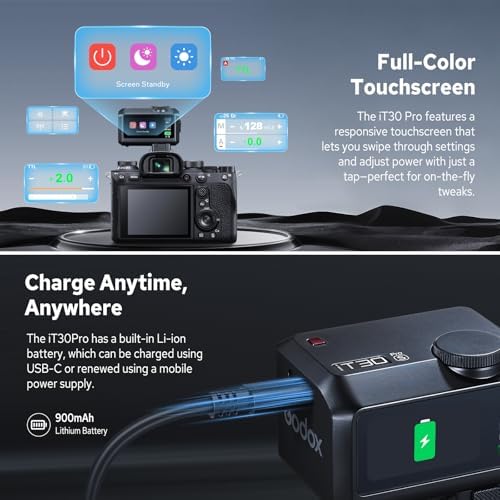 Godox iT30Pro S iT30Pro S Flash for Sony  2 4G Mini Sony Flash HSS 1/8000s  560 Full Power Flashes  2 8 Full Color Touchscreen  Built in Diffuser and Lithium Battery  TTL Auto Exposure Black