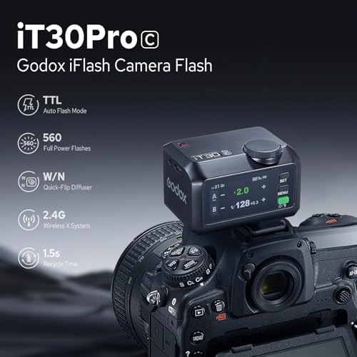 Godox iT30Pro S iT30Pro S Flash for Sony  2 4G Mini Sony Flash HSS 1/8000s  560 Full Power Flashes  2 8 Full Color Touchscreen  Built in Diffuser and Lithium Battery  TTL Auto Exposure Black