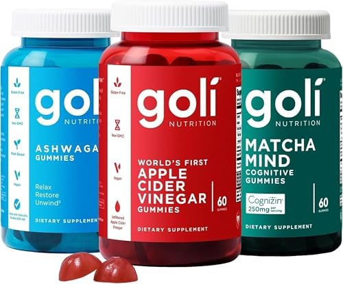 Goli Favorites Trio  Ashwagandha KSM 66  Apple Cider Vinegar  Matcha Mind Supplements with Cognizin  Vitamins D2 and B12