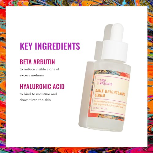 Good Molecules - Suero iluminador de uso diario 1oz/30ml, suero facial hidratante con beta arbutina y ácido hialurónico para iluminar, hidratar y equilibrar para un tono y textura uniformes