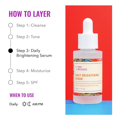 Good Molecules - Suero iluminador de uso diario 1oz/30ml, suero facial hidratante con beta arbutina y ácido hialurónico para iluminar, hidratar y equilibrar para un tono y textura uniformes