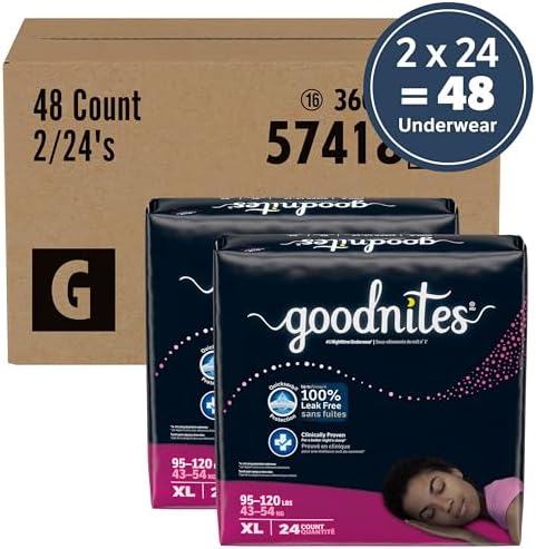 Goodnites Girls Nighttime Underwear  Size XXL  120 165 lbs   24 Ct  2 Packs of 12   Packaging May Vary