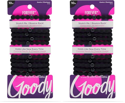 Goody Ouchless Forever Hair Elastics  10 Ct  Black  Damage Free Bands  3X Stronger Elastic Ties  Retainable Shape  16 Strand Inner Core  Styling Accessories for Women & Men  All Hair Types