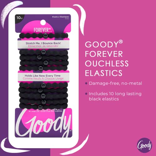 Goody Ouchless Forever Hair Elastics  10 Ct  Black  Damage Free Bands  3X Stronger Elastic Ties  Retainable Shape  16 Strand Inner Core  Styling Accessories for Women & Men  All Hair Types