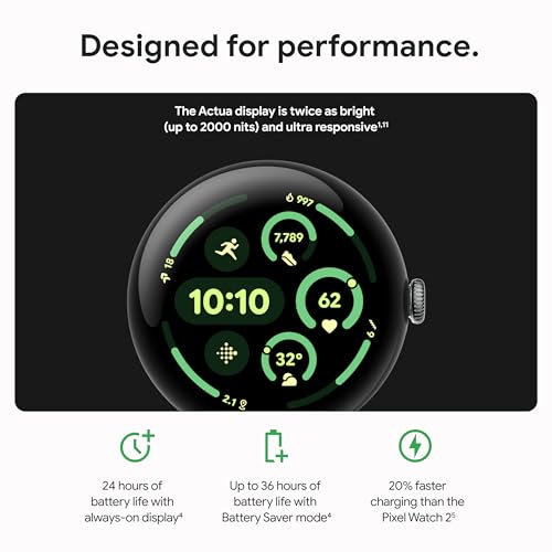 Google Pixel Watch 3  45mm  Latest Model   Android Smartwatch  Heart Rate Tracking  Fitbit Advanced Running  Fitness Insights  24 Hour Battery   Matte Black Aluminum Case   Obsidian Band   Wi Fi