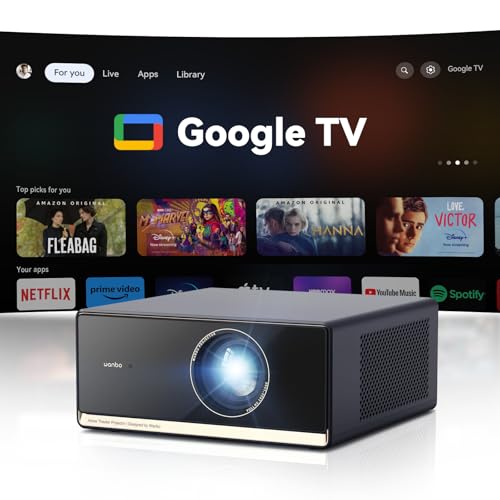 Google TV Smart Projector 4K  Wanbo X5 Pro 1100 ANSI HDR10 Projector with WiFi and Bluetooth  Outdoor & Home Movie Proyector  1080P Ceiling Auto Focus & Keystone  26dB Quiet  HDMI 2 0  Voice Control