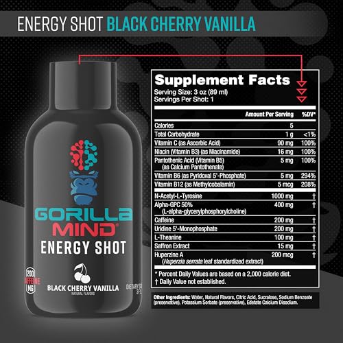 Gorilla Mind Energy Shots  Pack of 6    Enhanced Focus & Energy  Sugar Free  Fast Acting  Potent Formula with Vitamins & Natural Extracts  Black Cherry Vanilla 