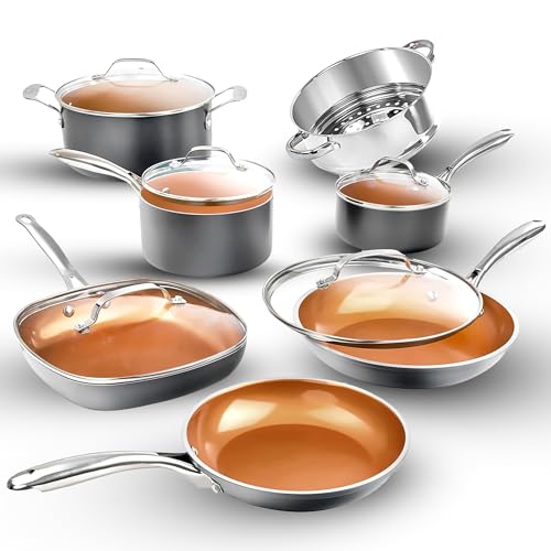Gotham Steel 12 Pc Ceramic Cookware Set Nonstick  Ceramic Pots and Pans Set Non Stick with Steamer for Cooking  Non Toxic PFOA PFOS Free  Ergonomic Stay Cool Handles  Oven & Dishwasher Safe  Copper