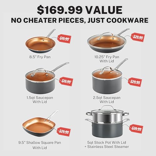 Gotham Steel 12 Pc Ceramic Cookware Set Nonstick  Ceramic Pots and Pans Set Non Stick with Steamer for Cooking  Non Toxic PFOA PFOS Free  Ergonomic Stay Cool Handles  Oven & Dishwasher Safe  Copper