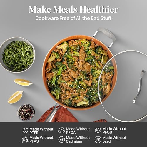 Gotham Steel 12 Pc Ceramic Cookware Set Nonstick  Ceramic Pots and Pans Set Non Stick with Steamer for Cooking  Non Toxic PFOA PFOS Free  Ergonomic Stay Cool Handles  Oven & Dishwasher Safe  Copper