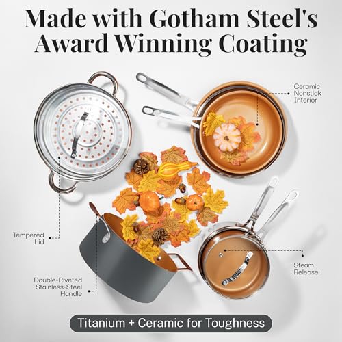 Gotham Steel 12 Pc Ceramic Cookware Set Nonstick  Ceramic Pots and Pans Set Non Stick with Steamer for Cooking  Non Toxic PFOA PFOS Free  Ergonomic Stay Cool Handles  Oven & Dishwasher Safe  Copper