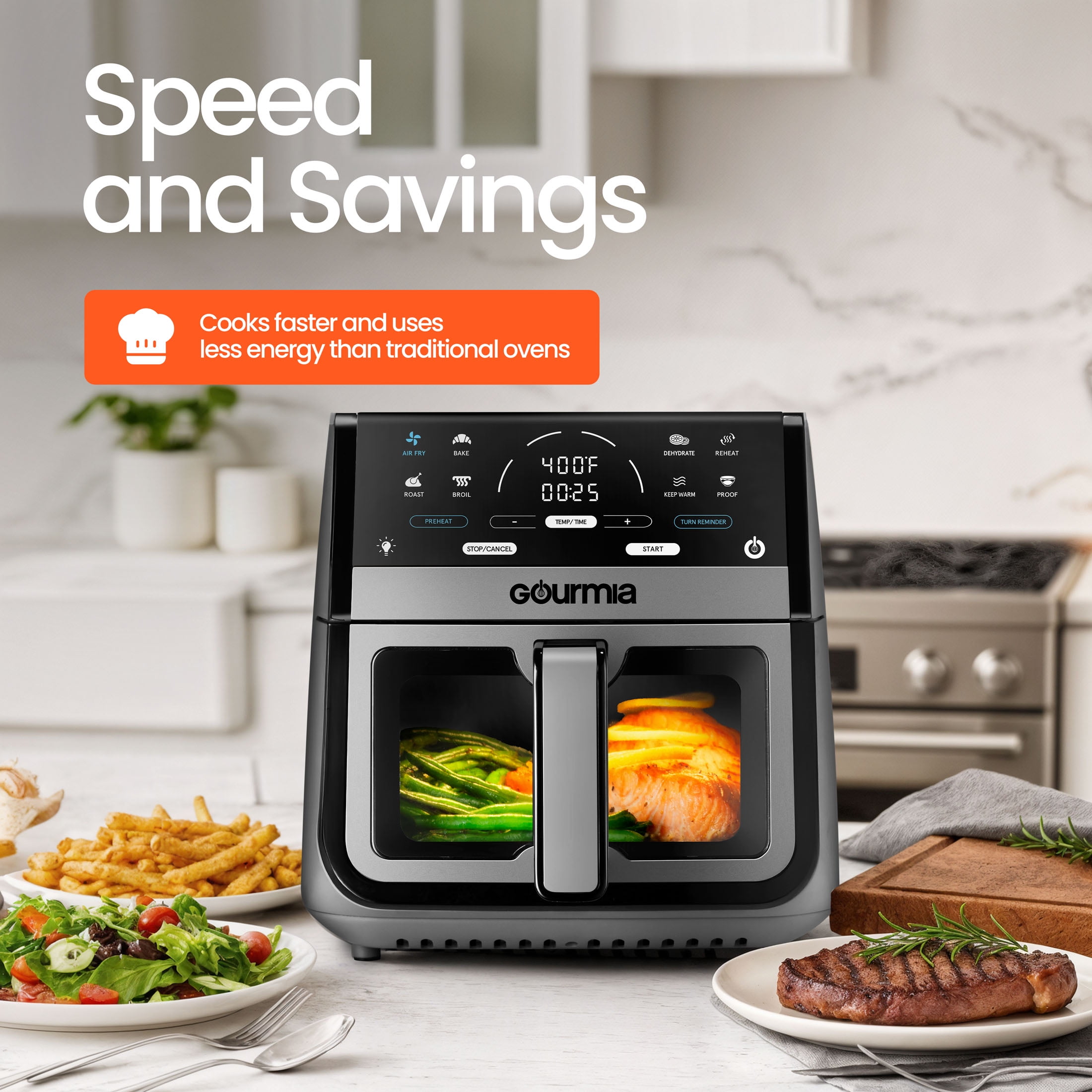 Gourmia 8 Qt Digital Window Air Fryer with 8 One Touch Cooking Functions  Gray