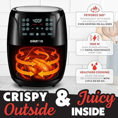 Gourmia Air Fryer   6 Qt Large Capacity  FryForce 360   Digital Display with 12 Presets  Roast  Bake  Broil  Dehydrate  Dishwasher Safe Accessories  Black
