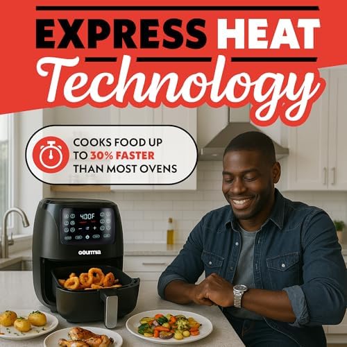 Gourmia Air Fryer   6 Qt Large Capacity  FryForce 360   Digital Display with 12 Presets  Roast  Bake  Broil  Dehydrate  Dishwasher Safe Accessories  Black