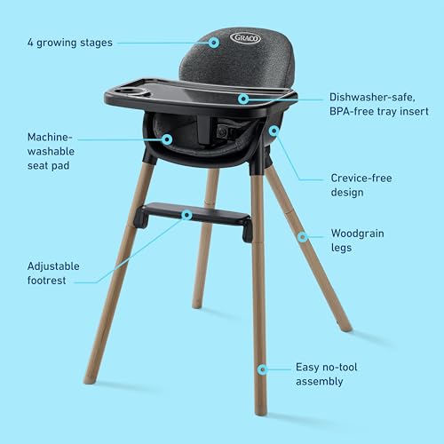 Graco Ready2Dine DLX 4 in 1 Highchair  Portable High Chair with 4 Growing Stages  Foldable Baby High Chair  Toddler Feeding Seat  Youth Stool  and Big Kid Seat  Hazen