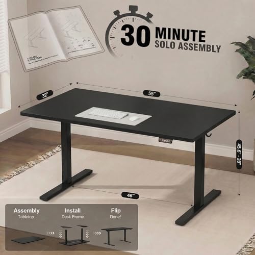 Grandder 55x32 Large Electric Standing Desk  Height Adjustable Computer Desk with 2 Memory Presets  31 5 Deep Desktop Sit Stand Desk Home Office Desk Workstation Table with Hooks  Black