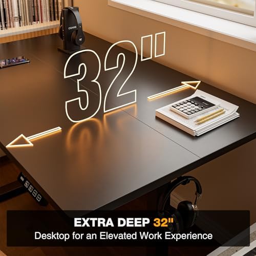 Grandder 55x32 Large Electric Standing Desk  Height Adjustable Computer Desk with 2 Memory Presets  31 5 Deep Desktop Sit Stand Desk Home Office Desk Workstation Table with Hooks  Black
