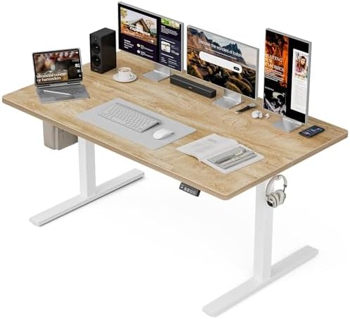 Grandder 55x32 Large Electric Standing Desk  Height Adjustable Computer Desk with 2 Memory Presets  31 5 Deep Desktop Sit Stand Desk Home Office Desk Workstation Table with Hooks  Oak
