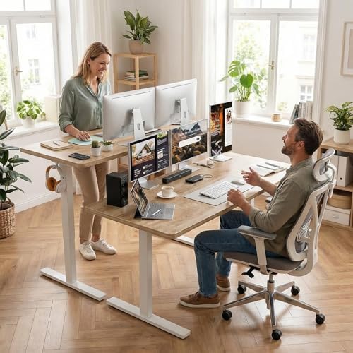 Grandder 55x32 Large Electric Standing Desk  Height Adjustable Computer Desk with 2 Memory Presets  31 5 Deep Desktop Sit Stand Desk Home Office Desk Workstation Table with Hooks  Oak