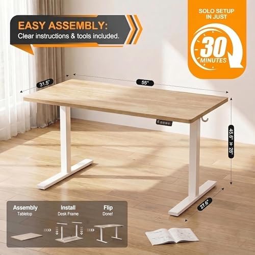 Grandder 55x32 Large Electric Standing Desk  Height Adjustable Computer Desk with 2 Memory Presets  31 5 Deep Desktop Sit Stand Desk Home Office Desk Workstation Table with Hooks  Oak