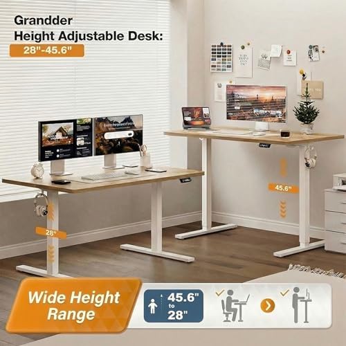 Grandder 55x32 Large Electric Standing Desk  Height Adjustable Computer Desk with 2 Memory Presets  31 5 Deep Desktop Sit Stand Desk Home Office Desk Workstation Table with Hooks  Oak