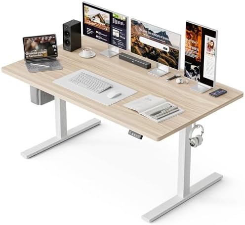 Grandder 55x32 Large Electric Standing Desk  Height Adjustable Computer Desk with 2 Memory Presets  31 5 Deep Desktop Sit Stand Desk Home Office Desk Workstation Table with Hooks  Oak