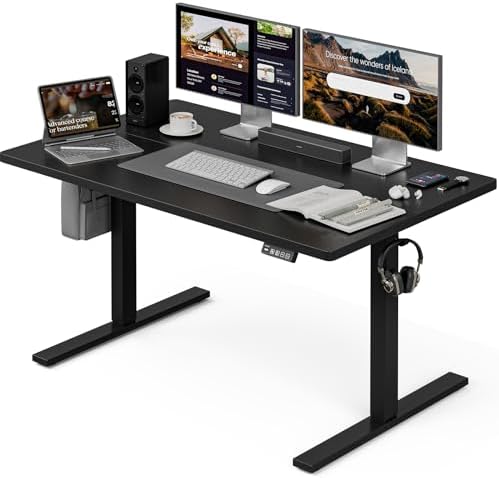 Grandder 55x32 Large Electric Standing Desk  Height Adjustable Computer Desk with 2 Memory Presets  31 5 Deep Desktop Sit Stand Desk Home Office Desk Workstation Table with Hooks  Oak