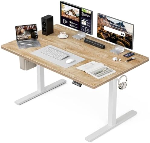 Grandder 55x32 Large Electric Standing Desk  Height Adjustable Computer Desk with 2 Memory Presets  31 5 Deep Desktop Sit Stand Desk Home Office Desk Workstation Table with Hooks  Oak