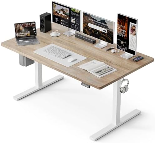 Grandder 55x32 Large Electric Standing Desk  Height Adjustable Computer Desk with 2 Memory Presets  31 5 Deep Desktop Sit Stand Desk Home Office Desk Workstation Table with Hooks  Oak