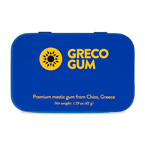 Greco Gum   Mastic Gum Droplets   Small Pieces Hard Chewing Gum for Jawline Training  Digestive Support  Bloating Relief   Piney Flavor  Chios Mastiha   Plastic Free  Sugar Free   1 Tin  1 59 oz 