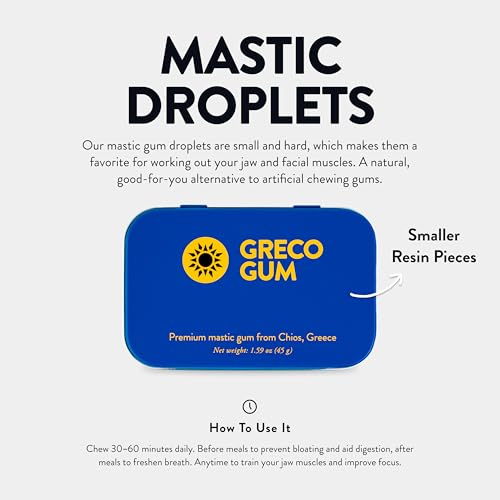 Greco Gum   Mastic Gum Droplets   Small Pieces Hard Chewing Gum for Jawline Training  Digestive Support  Bloating Relief   Piney Flavor  Chios Mastiha   Plastic Free  Sugar Free   1 Tin  1 59 oz 