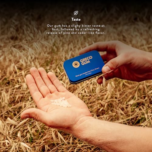 Greco Gum   Mastic Gum Droplets   Small Pieces Hard Chewing Gum for Jawline Training  Digestive Support  Bloating Relief   Piney Flavor  Chios Mastiha   Plastic Free  Sugar Free   1 Tin  1 59 oz 