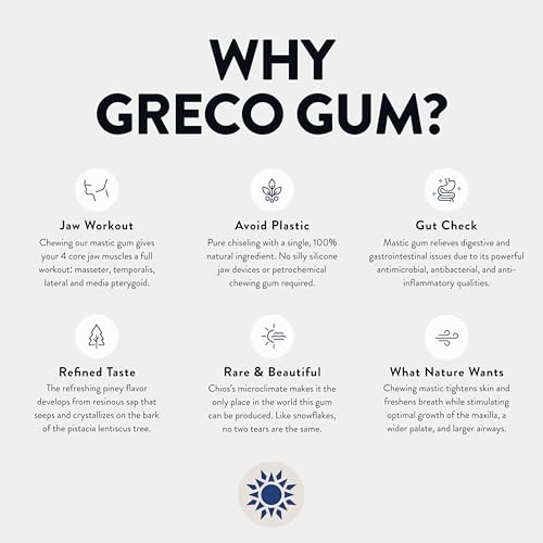 Greco Gum   Mastic Gum Droplets   Small Pieces Hard Chewing Gum for Jawline Training  Digestive Support  Bloating Relief   Piney Flavor  Chios Mastiha   Plastic Free  Sugar Free   1 Tin  1 59 oz 